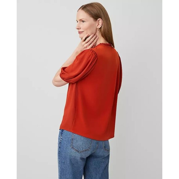 NEW ANN TAYLOR Womens XL Burnt Orange Button Up Ruffle Neck Blouse Shirt - Picture 3 of 12